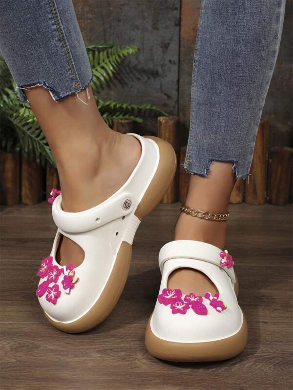 Beige Flower Design Non-Slip Fashion Slide Sandals With Thick Sole, Suitable For Indoor & Outdoor Wear, Summer
