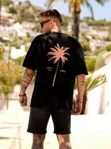 Men 1pc Letter & Coconut Tree Print Drop Shoulder Tee - Black - View 1