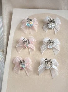 QPRETTY DU 5 piezas de adorno de uñas con doble lazo de cristal, gota cuadrada gruesa blanca y rosa, con terminado de malla doble y perforación