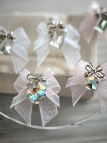 QPRETTY DU 5 piezas de adorno de uñas con doble lazo de cristal, gota cuadrada gruesa blanca y rosa, con terminado de malla doble y perforación