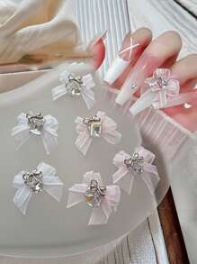 QPRETTY DU 5 piezas de adorno de uñas con doble lazo de cristal, gota cuadrada gruesa blanca y rosa, con terminado de malla doble y perforación