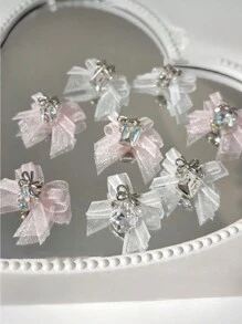 QPRETTY DU 5 piezas de adorno de uñas con doble lazo de cristal, gota cuadrada gruesa blanca y rosa, con terminado de malla doble y perforación