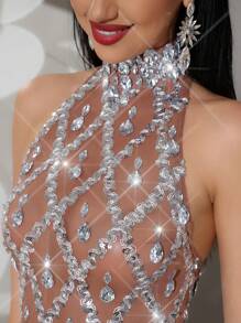 Modphy Luxury Sparkling Crystal Rhinestone High Neck Mesh Bodycon Dress, Formal Bridesmaid Gown, Wedding Guest Dress, Evening Gown Spring Elegant Party - Silver - View 9