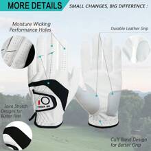 FINGER TEN Golf Gloves Men Left Hand Right Leather Value 3 Pack, Mens Golf Glove For Right Left Handed Golfer All Weather Grip Small Medium ML Large XL - White - View 2