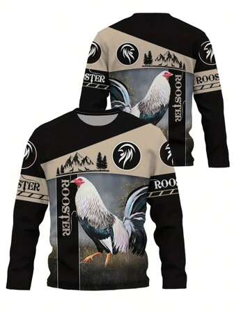 Suéter de cuello redondo de manga larga con estampado de gallo estilizado para hombres adultos - Tela de poliéster suave con un ligero estiramiento, corte regular, estampado, estilo casual, perfecto para las temporadas de primavera y otoño