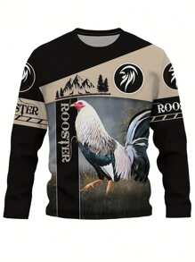 Maglione girocollo a maniche lunghe con stampa di galli, stile elegante, in tessuto di poliestere morbido con leggera elasticità, vestibilità regular, stampa a motivi, stile casual, perfetto per la primavera e l'autunno, adatto per uomini adulti