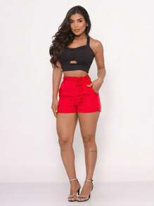WOMEN'S TAILORED SHORTS IN LIGHTWEIGHT, REINFORCED FABRIC WITH FOLDED EDGE AND BODY-FORMING BELT - 紅色 - 查看 5
