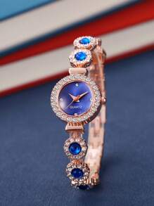 6 bucăți/Set Cadran cu stras de modă de lux, lunetă din safir și ceas cu quartz din oțel inoxidabil + brățară elegantă din safir, potrivită pentru purtarea zilnică, ziua de naștere, aniversarea, cadou de Halloween