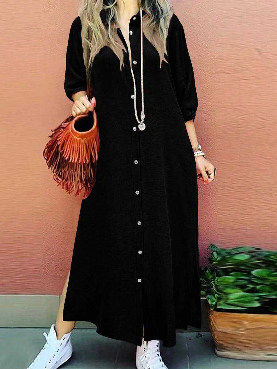 Women's Fashion Solid Color Long Sleeve Single-Breasted Casual Chic Shirt Dress Black Spring Elegant - Black - View 1