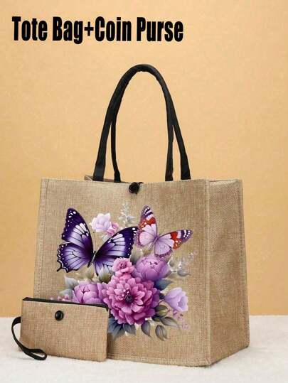 2 piezas de Bolso de tote con estampado de mariposas rosa, de yute con patrón elegante, incluye una práctica monedero, perfecto para compras, viajes y aventuras en la playa, bolso multifuncional para mujer, adecuado para uso diario, viajes, compras, trabajo, regalo
