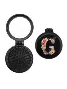 1 buah Sisir Mini Eksklusif Pernikahan Motif Bunga 26 Huruf yang Lucu, Sisir Mini Bantalan Udara yang Ringkas dan Portabel dengan Pijat Kantung Udara Lipat, Cermin Terintegrasi, Penting untuk Perjalanan dan Berkemah - Hitam - View 15