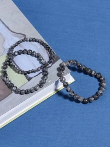 天然拉布拉多石珠子手鍊男女黑色閃光手鍊緩解壓力瑜珈首飾禮物 - 黑色 - 查看 5