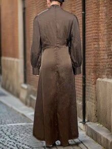 Elegant Solid Color Twist Collar Pleated Long Sleeve Dress, Modest