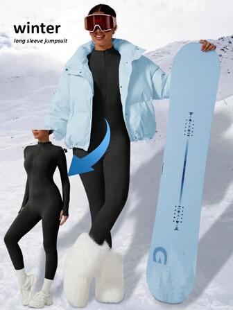 Winter Freedom Ventilation Long Sleeve Jumpsuit, Front Zipper Women's Autumn Long Sleeve Jumpsuit Ski Outfits