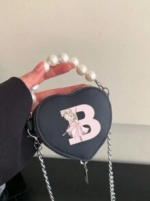 A Mini Stylish, Cute And Elegant Love Mini Bag, A-Z 26 Little Ballet Letter Prints, Faux Pearl Handbag, PU Shoulder Crossbody Bag, Lipstick Coin Purse. You Can Regard It As A Lipstick Coin Purse, Which Can Be Carried On One Shoulder Or Crossbody. Suitable For Use When Going Out To Traveling And Shopping. Christmas, Thanksgiving, Valentine's Day, Friday Gifts. The Best Gift. Romantic. - B9189 Black Bag-023 Deep Pink Ballet - View 3