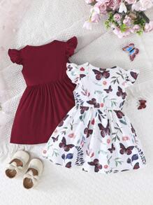 2pcs/Set Baby Girl Butterfly Print Round Neck Cap Sleeve & Solid Ribbed Minimalist Cute Outfits, Spring/Summer