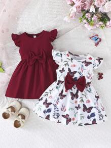 2pcs/Set Baby Girl Butterfly Print Round Neck Cap Sleeve & Solid Ribbed Minimalist Cute Outfits, Spring/Summer