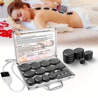 Kit de masaje con piedras calientes con ajuste de temperatura - 20 piezas de piedra caliente de basalto con kit de calefacción, herramienta profesional de masaje de spa - Drenaje linfático, alivia la tensión y el dolor muscular