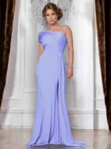 Long Women's Party And Event Dress Elegant Bridesmaids And Guests Fluity Knit With Lined Cup One Shoulder Unilateral Zero Sleeve Detail At The Waist Fluid Draped Shoulder One Size Fits 36 To 42 - 淺藍色 - 查看 1