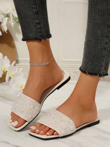 Plus Size Women Sandals,Fashion Style Slippers, Black Flat Open Toe Slides With Rhinestones,Odor Prevention Ladies Casual Beach Sandals Valentines