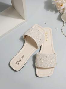 Plus Size Women Sandals,Fashion Style Slippers, Black Flat Open Toe Slides With Rhinestones,Odor Prevention Ladies Casual Beach Sandals Valentines