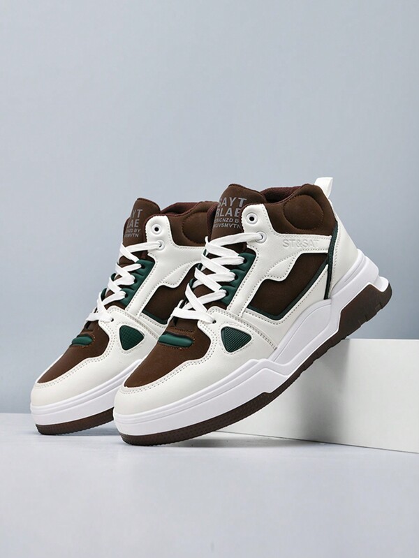 Scarpe da skate alte da uomo dal design alla moda a blocchi di colore, comode sneakers stringate casual antiscivolo per le attività all'aperto da uomo