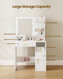 HEXCELEN Dressing Table With Mirror And 10 LED Lights, Dressing Table With 3 Shelves & 4 Open Compartments, Dressing Table With Large Drawer & Cupboard - trắng - Xem 3