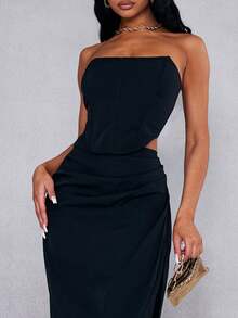 New Sexy Fashion Women Strapless Top And Slit Hem Skirt 2 Pieces Set