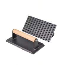 Cast Iron Flat Press Griddle Steak/BBQ Grill Square/Round Striped/Lattice, No Coating With Wooden Handle - Black - View 11