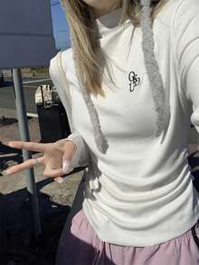 Women's Stand Collar Letter Embroidery Casual Versatile Commuting Long Sleeve Top - White - View 3