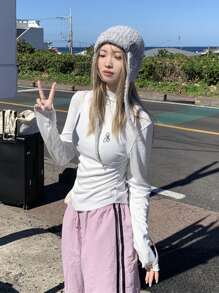 Women's Stand Collar Letter Embroidery Casual Versatile Commuting Long Sleeve Top - White - View 1