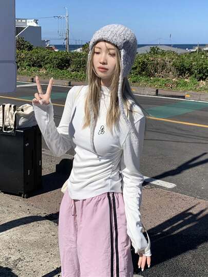 Women's Stand Collar Letter Embroidery Casual Versatile Commuting Long Sleeve Top