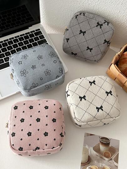 1 Pc Stylish Bow Print Flower Printed Wick Sanitary Napkin Storage Bag Mini Cosmetic Bag, Multifunctional Sanitary Napkin Storage Bag Small Square Bag, Small Cosmetic Travel Bag Toiletries Storage Bag For Women/Girls, Cute Zipper Bag Coin Purse College Style Suitable For School, Work , Travel, Cosmetic Bag, Cosmetic Bag, Skin Care Bag, Toiletry Bag, Packaging Box, Travel Supplies,Boho Vibes