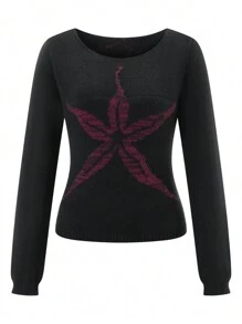 Women Y2k Off Shoulder Sweater Vintage Floral Graphic Long Sleeve Knit Pullover Shirt Slim Going Out Top Streetwear