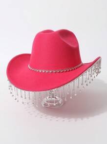 1 peça chapéu de cowboy ocidental com borla de gota d'água e coração de cor sólida, decoração de strass, chapéu de viagem casual, adequado para festa/casamento/performance de palco, presente de dia dos namorados