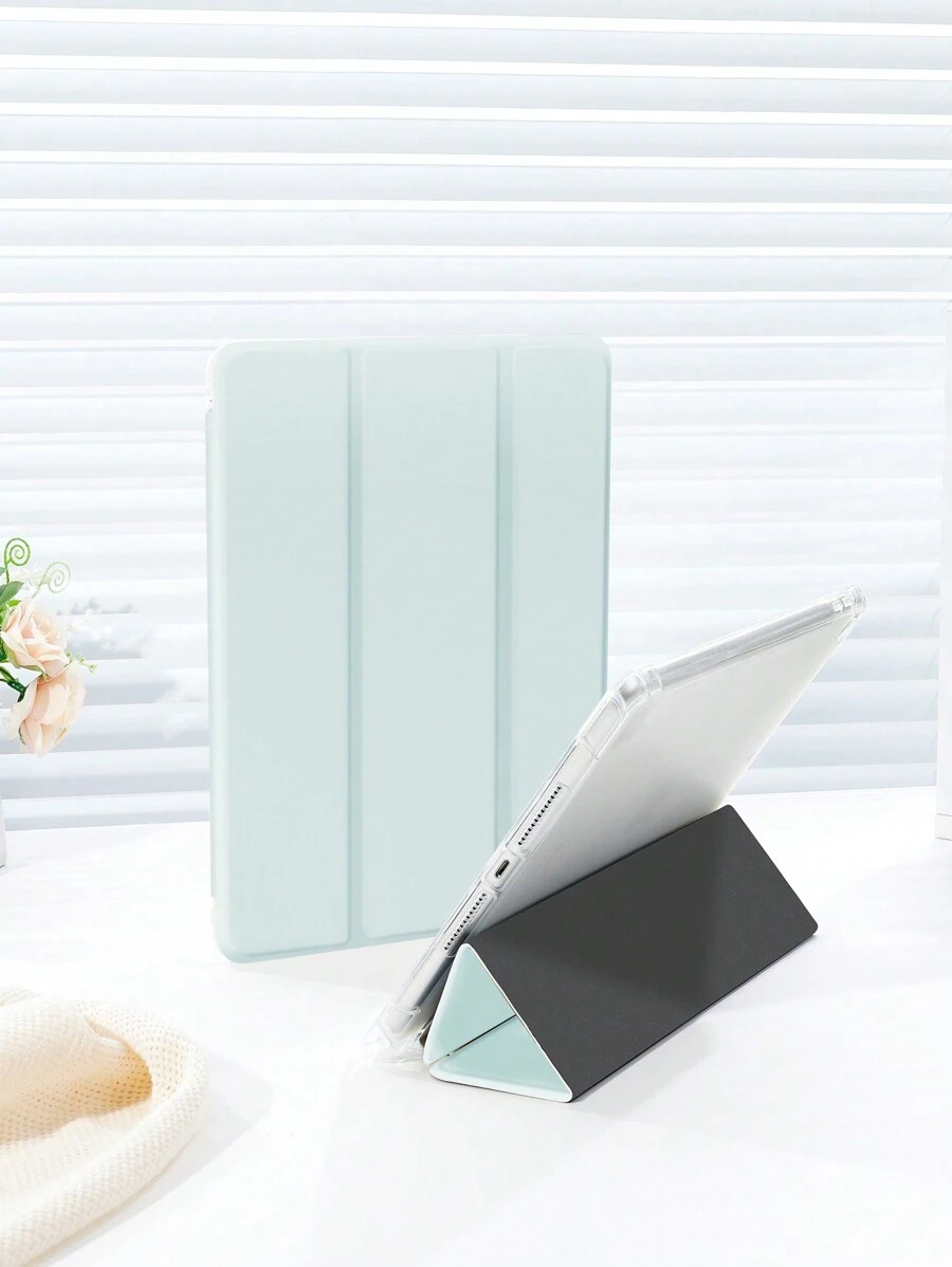 1pc Light Green Solid Pattern Tablet Case, Compatible With IPad 10.2 Inch, IPad Pro 11 2021/2020/10th Gen, IPad Mini 4/5/6, Galaxy Tab A8 10.5 Inch 2022, Matepad 10.4/Tab, With Pencil Slot, Anti-Drop, Tablet Stand Cover - Multicolor - View 1
