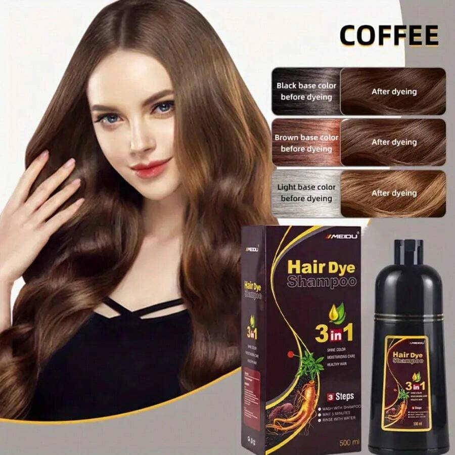 IIIMEIDU Coffee Color Hair Dye Shampoo, Suitable For Gray Hair, Semi-Permanent Hair Color Shampoo, Unisex, Plant Ingredients, 3-In-1 Gray Hair Coverage, Lasting 30 Days/500ml - 咖啡 - 查看 1