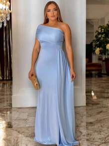 Long Women's Party And Event Dress Elegant Bridesmaids And Guests Fluity Knit With Lined Cup One Shoulder Unilateral Zero Sleeve Detail At The Waist Fluid Draped Shoulder One Size Fits 36 To 42 - 淺藍色 - 查看 3