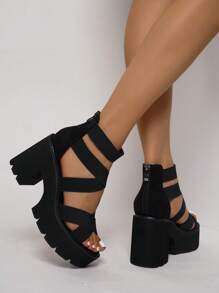 Women's Fashionable Black Retro Roman Chunky Heel Casual Vacation Thick Sole Sandals