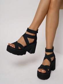 Women's Fashionable Black Retro Roman Chunky Heel Casual Vacation Thick Sole Sandals