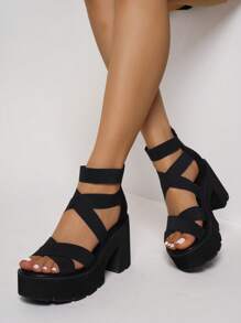 Women's Fashionable Black Retro Roman Chunky Heel Casual Vacation Thick Sole Sandals