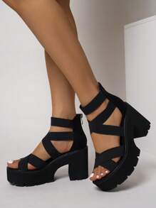 Women's Fashionable Black Retro Roman Chunky Heel Casual Vacation Thick Sole Sandals