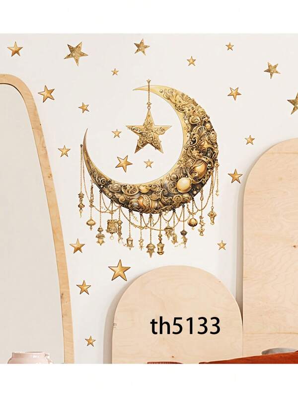 1pc Moon And Star Shaped Lantern Hanging Wall Sticker Decoration, PVC Wall Art Decals, For Bedroom, Living Room And Home Decor