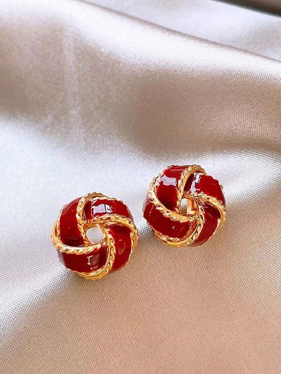 2 件 Maillard 耳环，米色和金色女士耳环，独特设计，复古法式风格，暖色优雅耳环 - 酒紅色 - 查看 1
