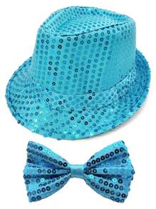 Forever & Moment Ensemble de 2 pièces d'accessoires disco pour femmes des années 1970 : nœud papillon pailleté et brillant, réglable au cou, en couleur unie, et casquette disco étincelante pour le bal des finissants