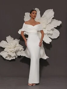 Elisanya Off Shoulder Solid Bandage Bodycon Dress, Sexy Celebrity Style For Evening Party, Club Or Formal Occasions, Wedding Guest Dress - White - View 4