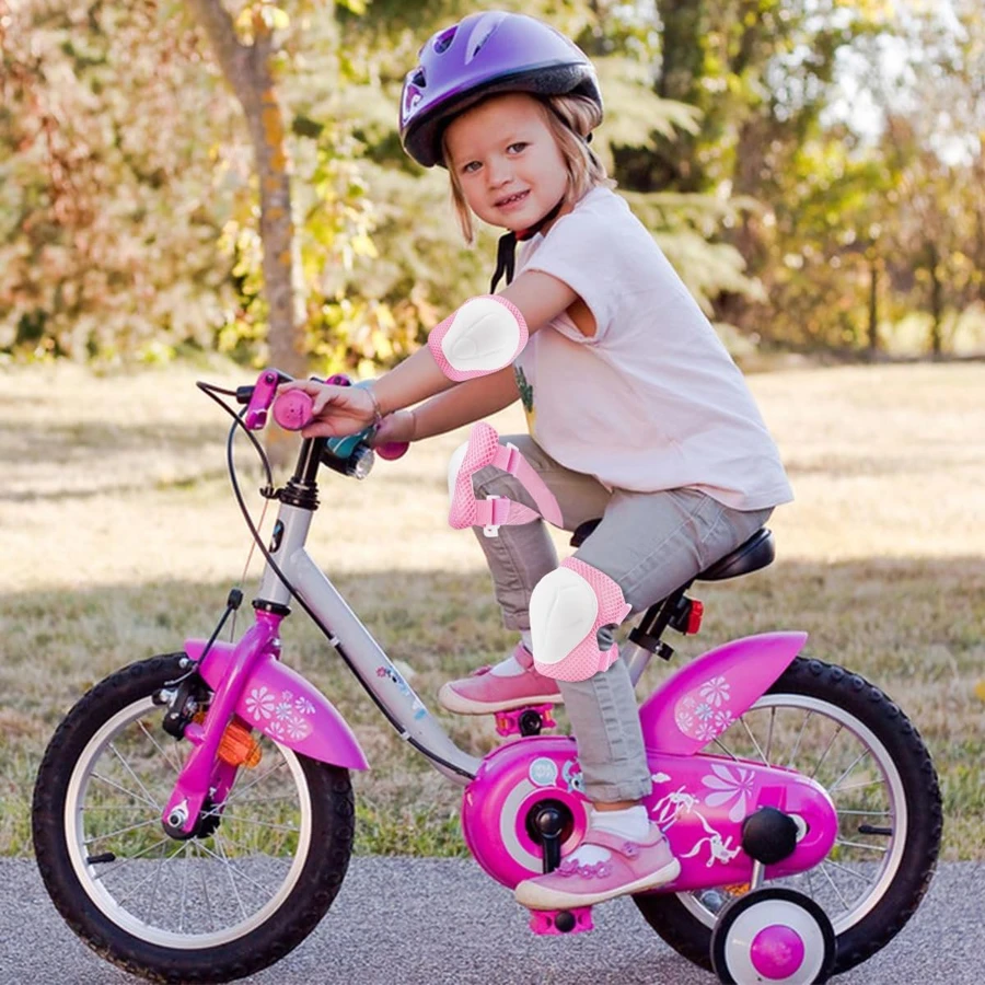 Set de equipo de protección infantil, rodilleras, rodilleras infantiles, protectores infantiles, con muñequeras y coderas, 6 en 1 para monopatines, patines en línea, hoverboards, bicicletas (rosa blanco)