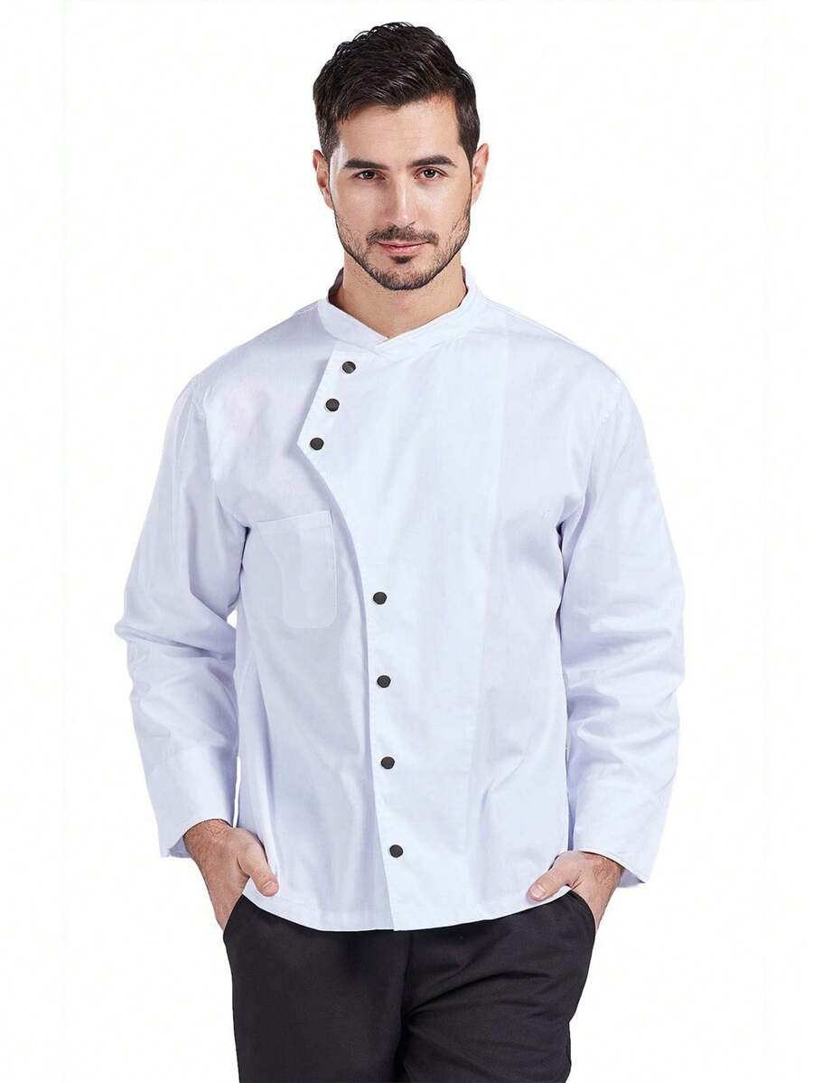 Unisex Solid Color Front Snap Button Long Sleeve Chef Jacket, Restaurant Kitchen Cooking Uniform