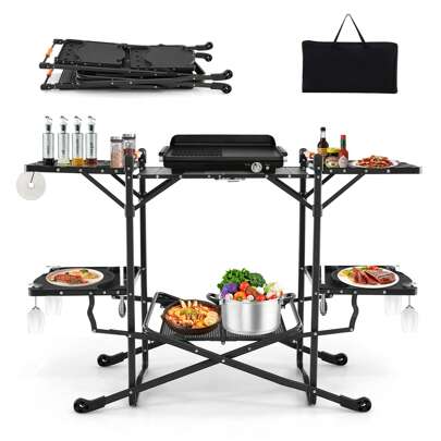 Homasis Camping Kitchen Table Folding Portable Outdoor Cook Station W/ 4 Side Tables