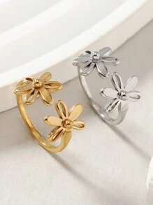 1 件不锈钢花朵设计金指环情人节、妈妈、母亲、母亲节、礼物 - 金黃色 - 查看 3